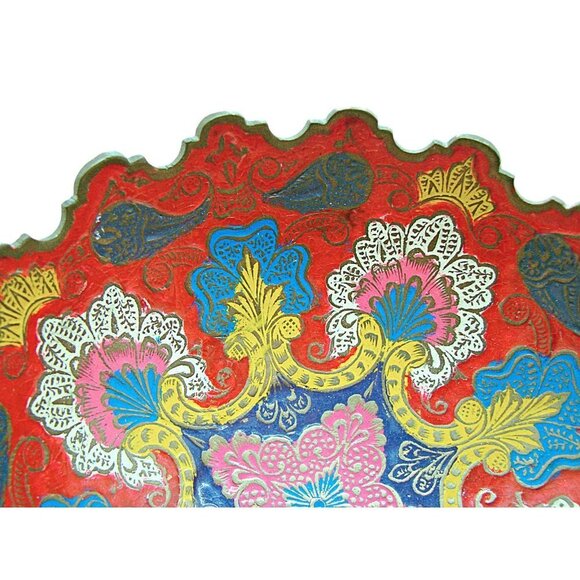 Vintage Multicolor Brass Enamel Scalloped Edge Raw Brass Foot Peacock Bowl Sz 6" - Picture 5 of 12